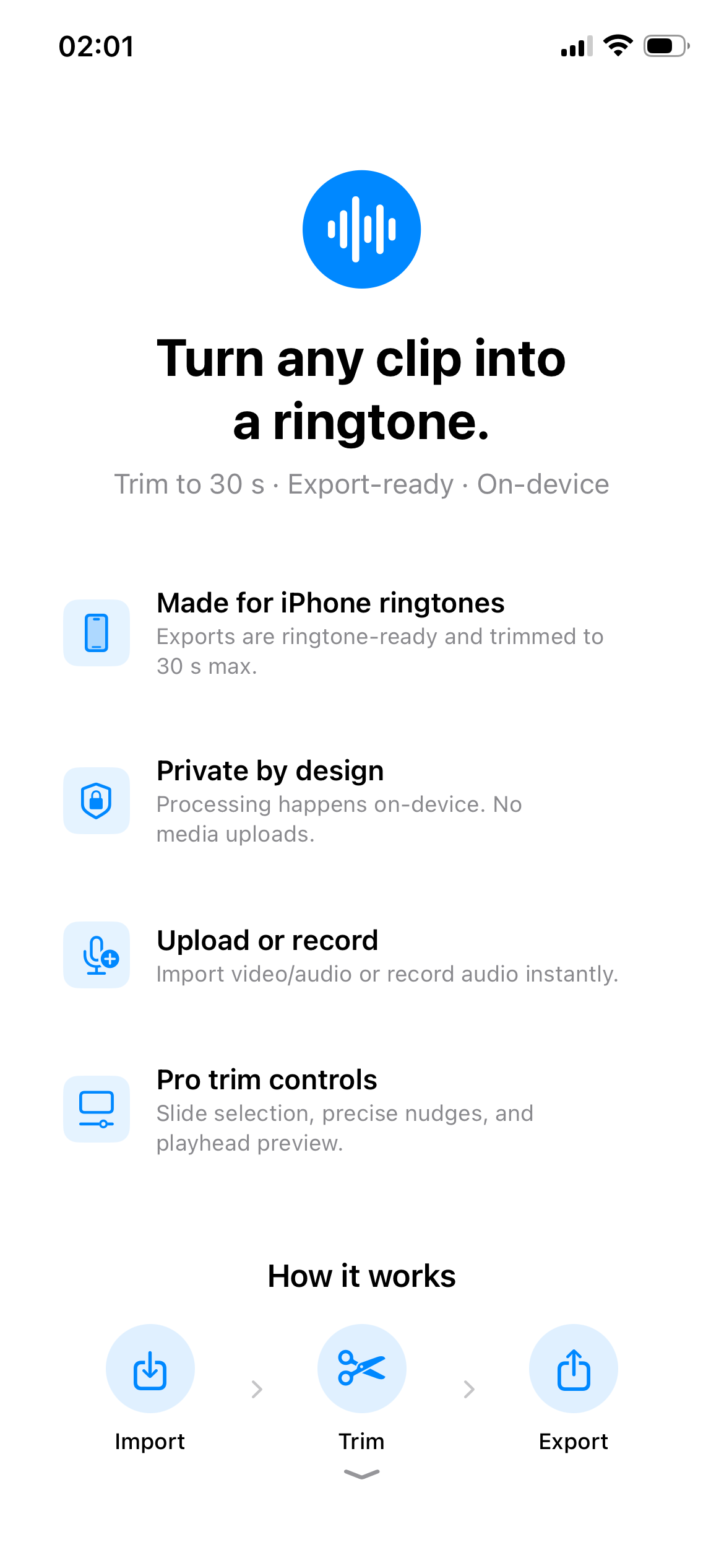 TrimTone: Ringtone Maker home screen showing the ringtone library